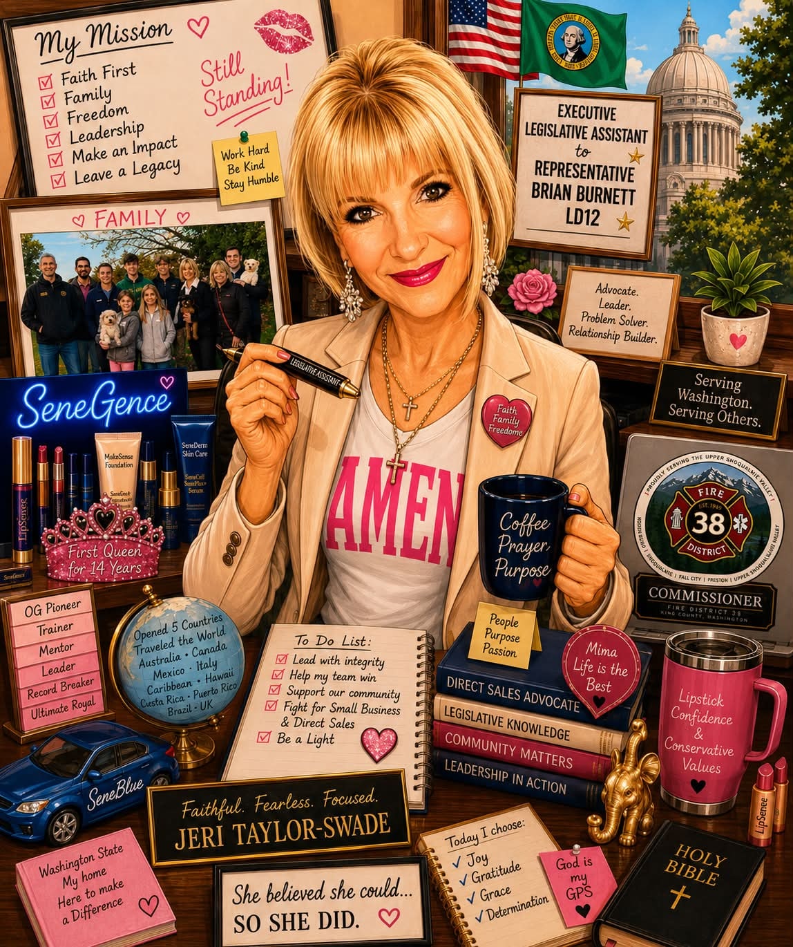 AI-generated portrait collage of Jeri Taylor-Swade highlighting her faith, family, SeneGence career, legislative service, and community leadership